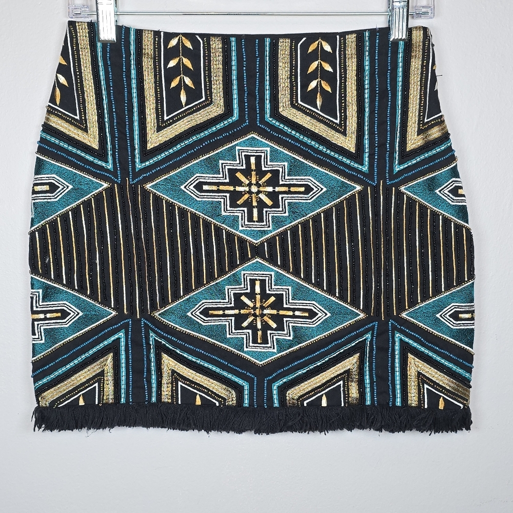 H&M Women's Boho Embroidered Beaded Skirt Floral Abstract Chic Geometric Whimsi